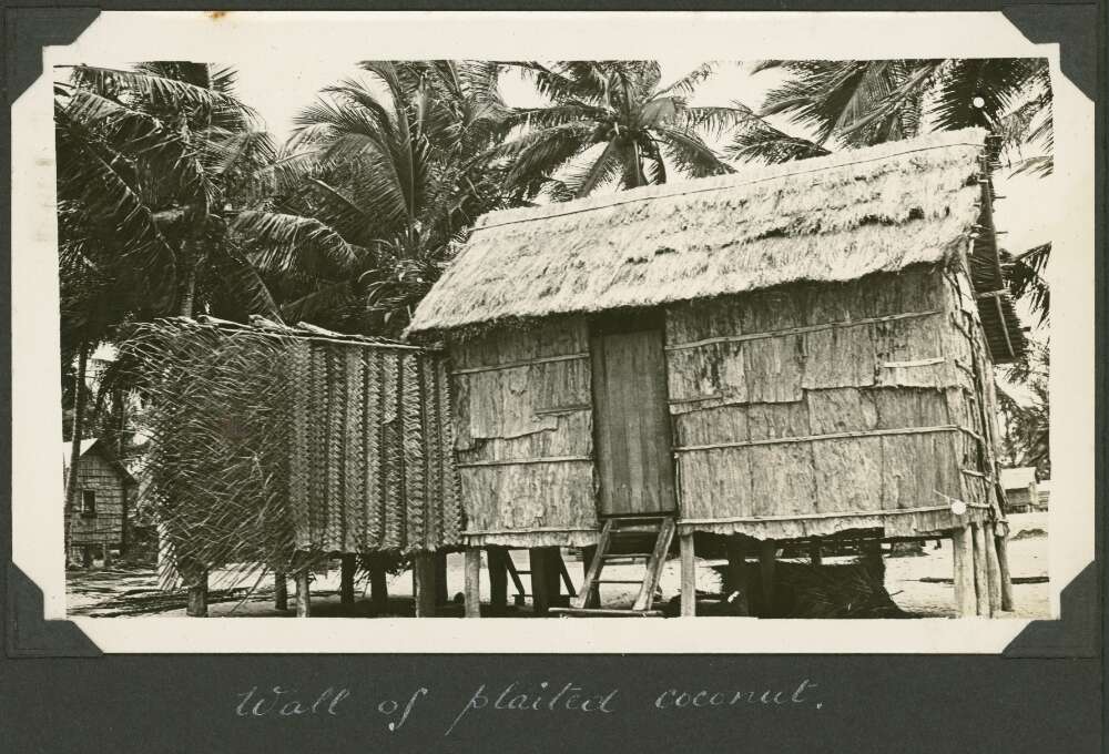 A hut wall constructed of plaited leaves from coconut palms, Badu Island, Queensland, ca. 1928