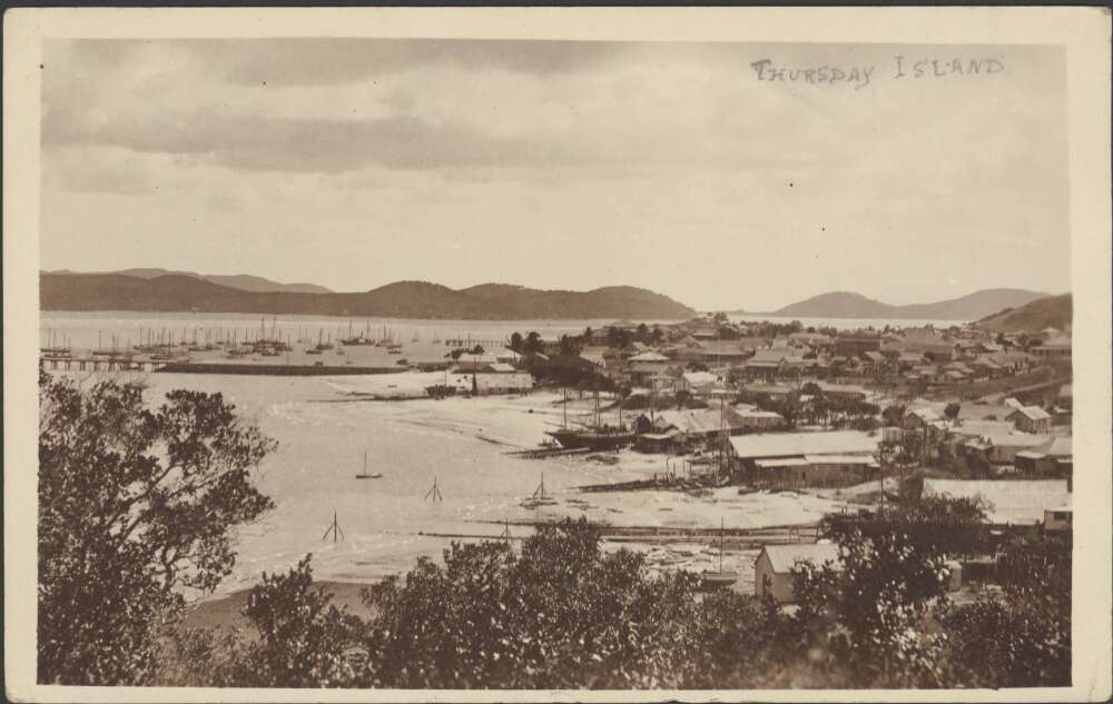 View of the town and the pearling fleet in the harbour, with Prince of Wales Island on the left and Friday Island on the right], Thursday Island, [ca. 1917-1920]