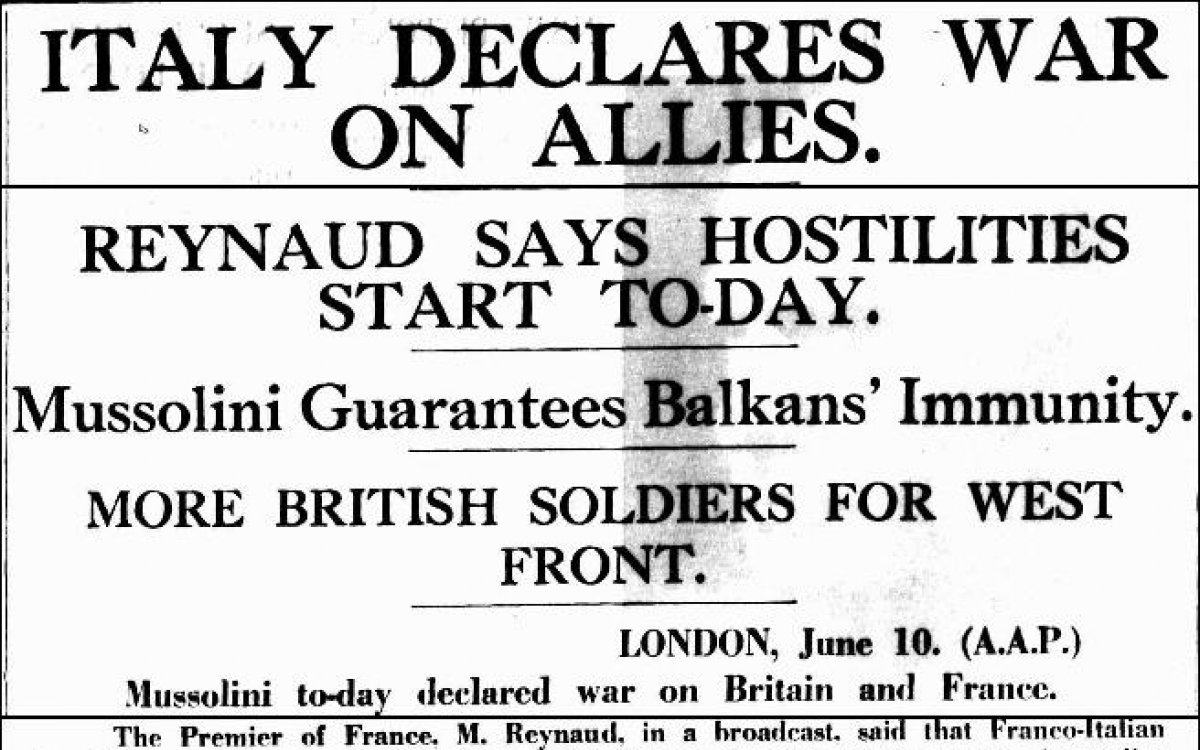 A newspaper article with the headline: Italy declares war on allies.
