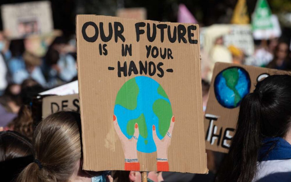 A picture of a crowd of people holding signs. No faces are visible. The focal point of the image is a sign, written on a cardboard box. The sign has a pair of hands holding the Earth with text that says "Our future is in your -hands-