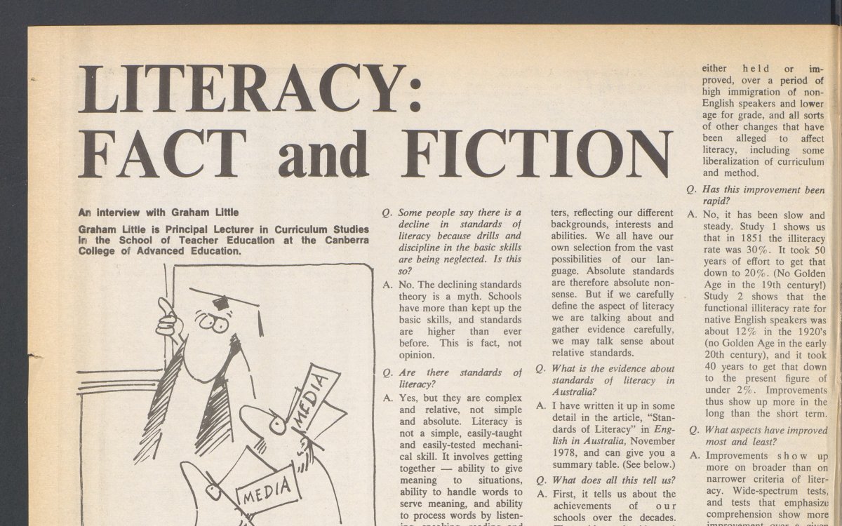 A page of a newspaper with the headline "LITERACY: FACT and FICTION". The page also includes cartoons and black and white photos