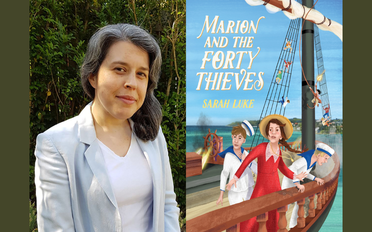 A portrait of Sarah Luke and her a book cover 'Marion and the Forty Thieves'.