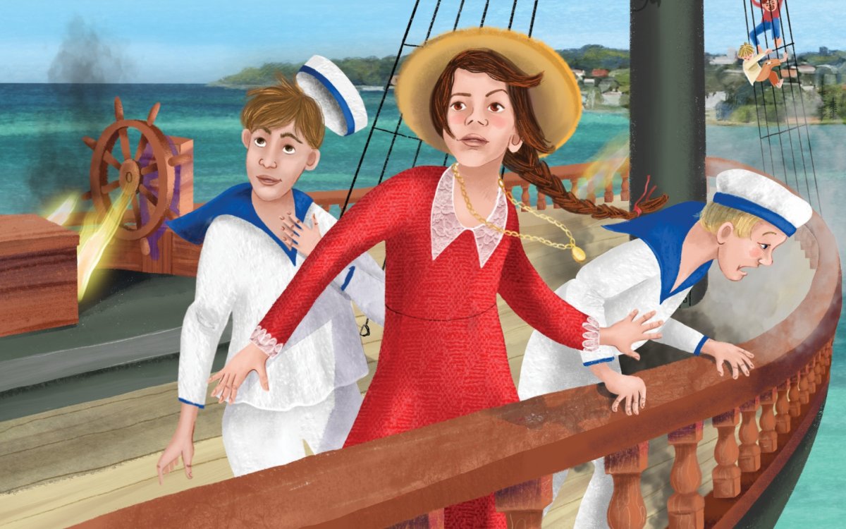 A section of the cover of the book 'Marion and the Forty Thieves' showing some of the characters on a boat.