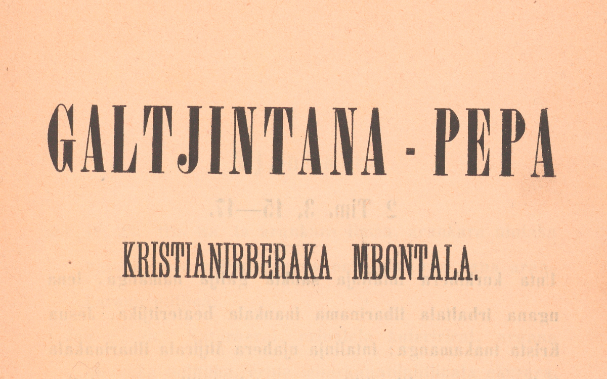 Detail of the title page of an old book reading 'Galtjintana-Pepa Kristianirberaka Mbontala'