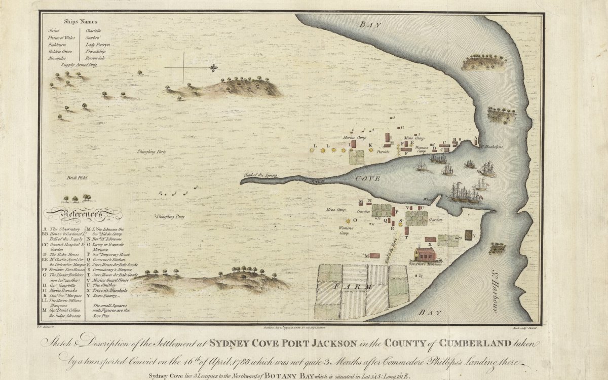 Eighteenth century style map showing notable features and buildings around a cove, and artistic text underneath reading 'Sketch & Description of the Settlement at Sydney Cove Port Jackson in the County of Cumberland;