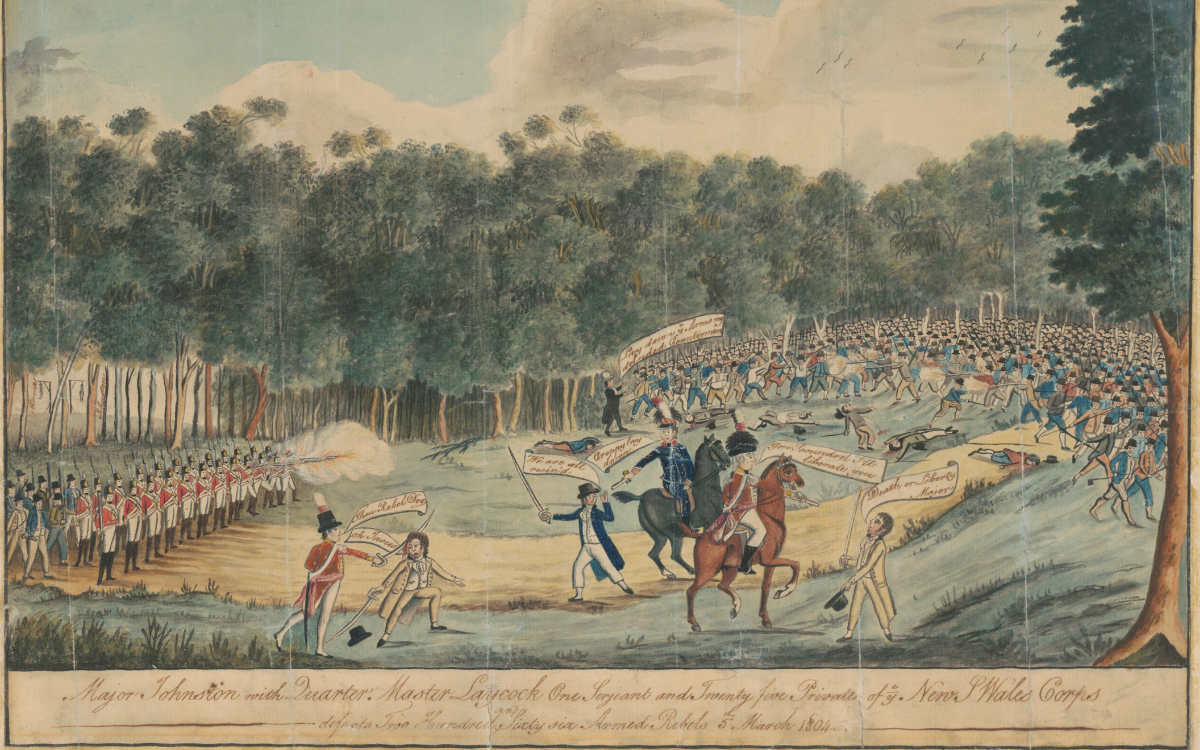 Watercolour of a clearing in a forest with military standing in rows on the left and a large fight between convicts and more military on the right