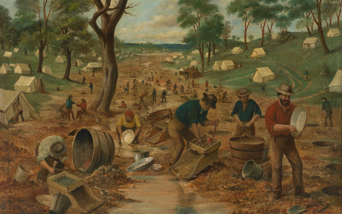 Painting of men using various tools to dig for gold. In the background, dozens of white tents are pitched on the grassy slopes on either side