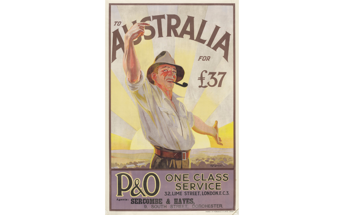 Poster with man in casual dress with his arms spread in welcome in front of a rising sun and text reading 'To Austraila for 37 pounds'