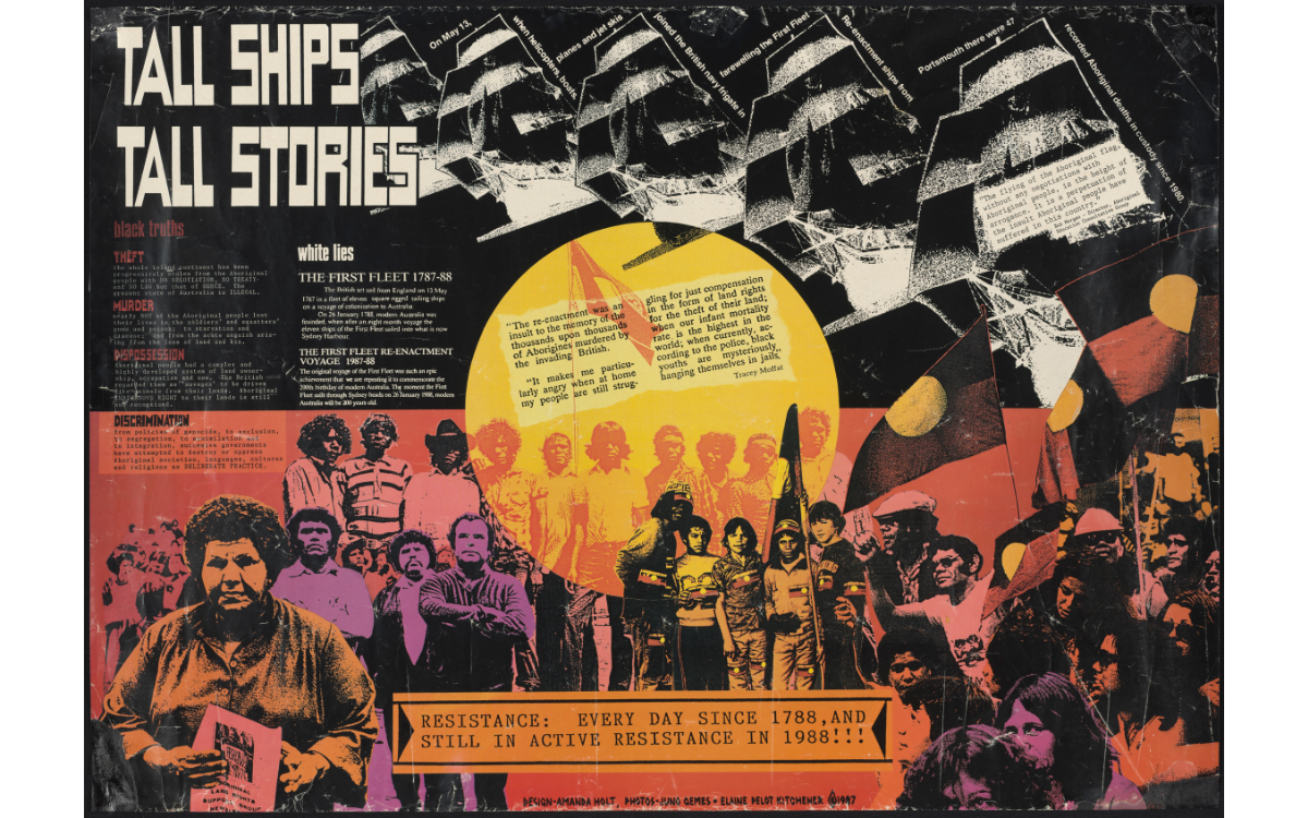 Artistic poster with an Australian Aboriginal flag, stylised photos of First Australians, and serveral short paragraphs of text. The largest text in the top left corner reads 'Tall Ships Tall Stories'