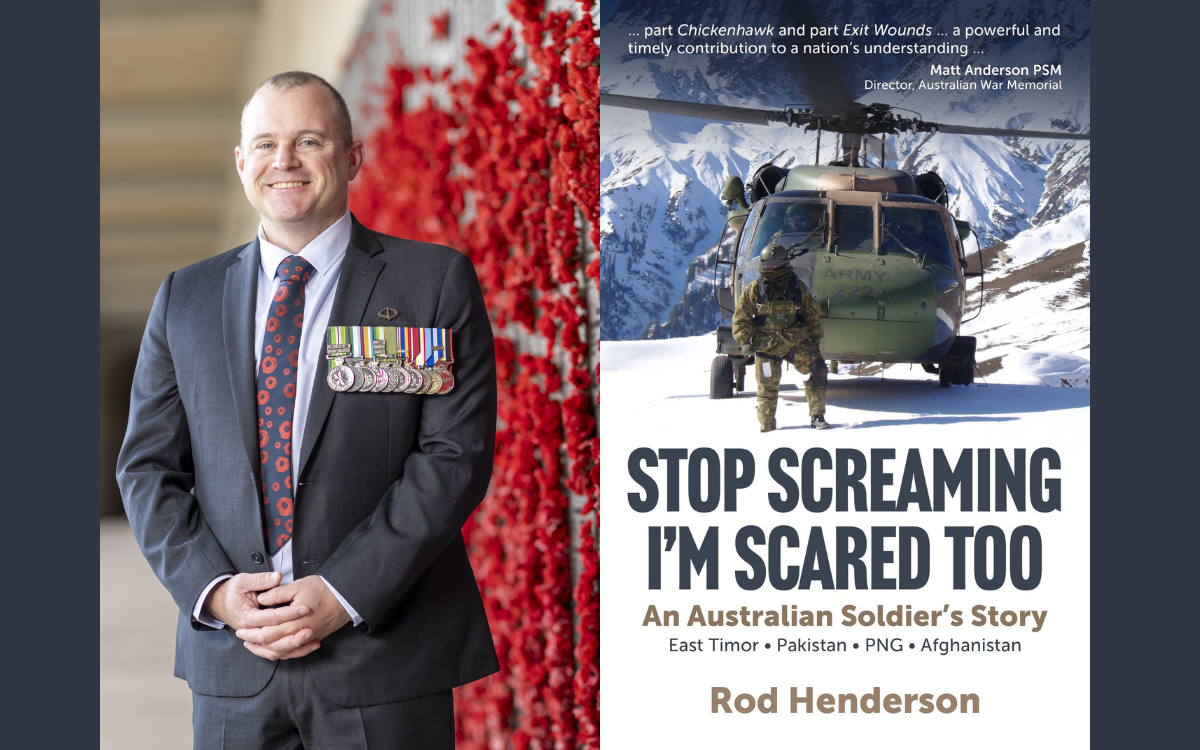 A headshot of author Rod Henderson and a cover of his book 'Stop Screaming I'm Scared Too: An Australian Soldier's Story'.