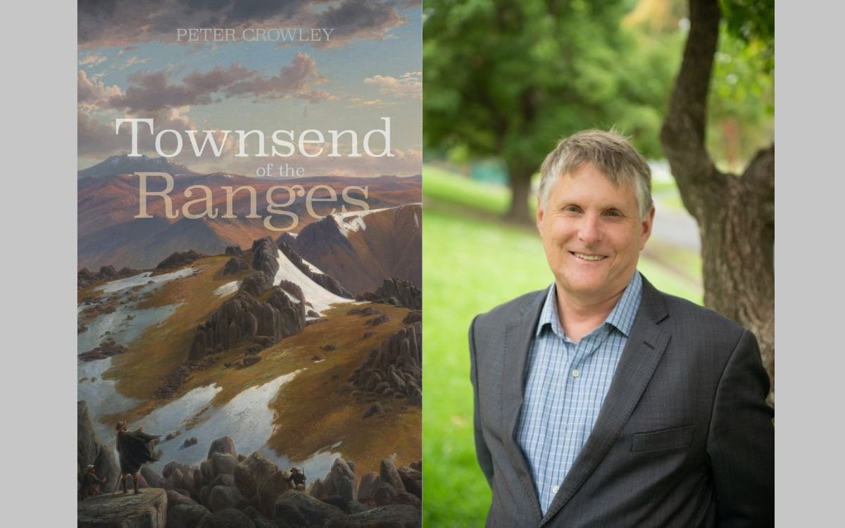 On the left hand side is an image of the front cover of the book 'Townsend of the Ranges'. on the right hand side is an image of a man standing in front of a tree, dressed in  a quit with his hand held behind his back.