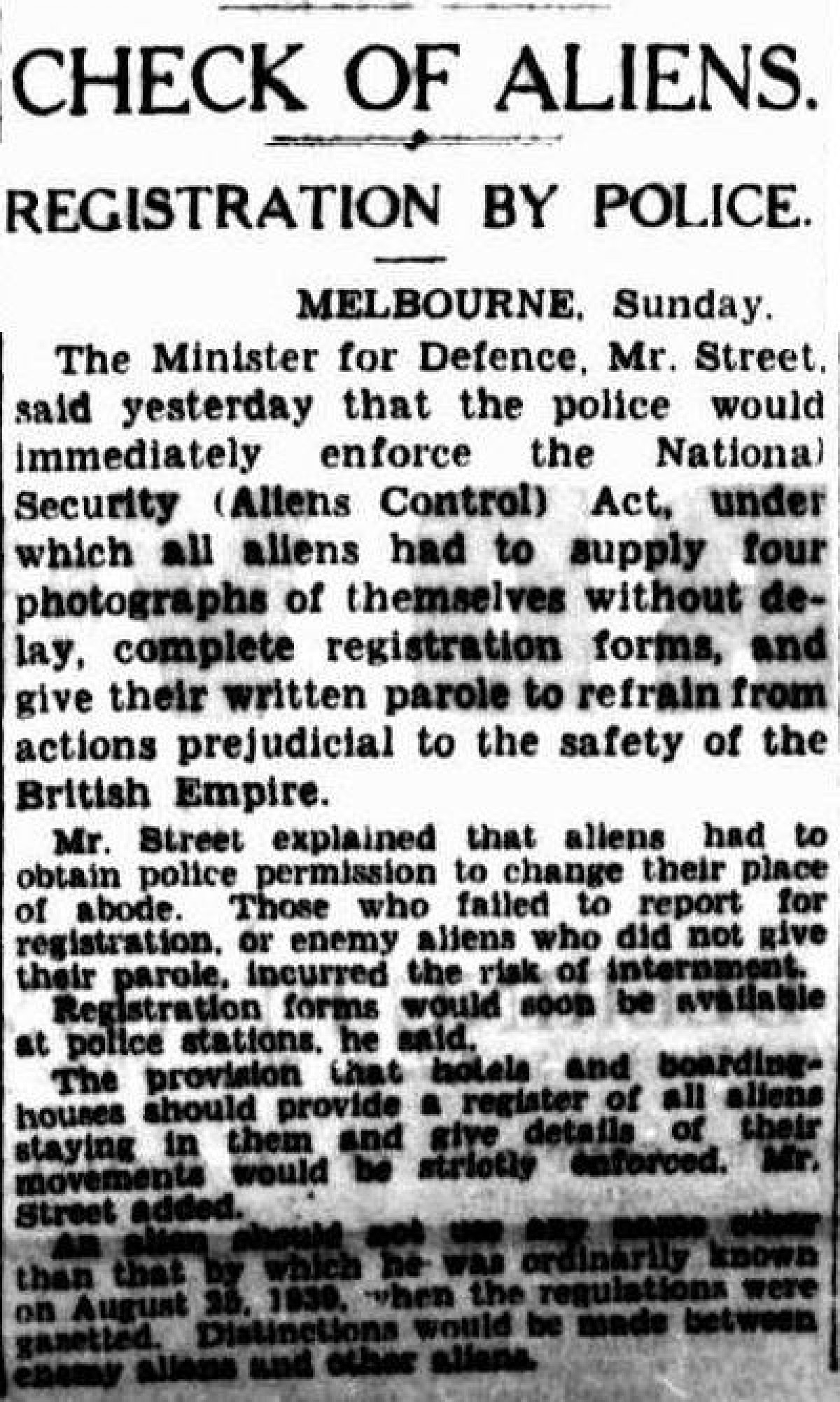 A newspaper clipping with the headline "Check of Aliens"