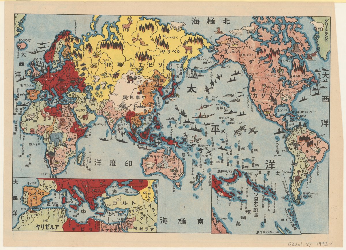 A colourful Japanese map of the world. Each country is coloured red, pink, yellow or white to signify alliances during World War II. Scattered around the map are depictions of war technology including battleships, aircraft and artillery.  Some countries have depictions of animals or 'things' relevant to the country eg. in the middle of Australia is a kangaroo, emu, a platypus and sheep. Inset at bottom left and right are close ups of the Mediterranean and Solomon Islands respectively.