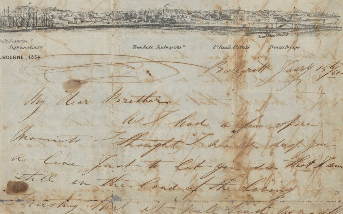 Detail of old handwritten letter that starts with 'My Dear Brother'. At the top of the page is a panoramic-illustration of a city labelled 'Melbourne 1854'