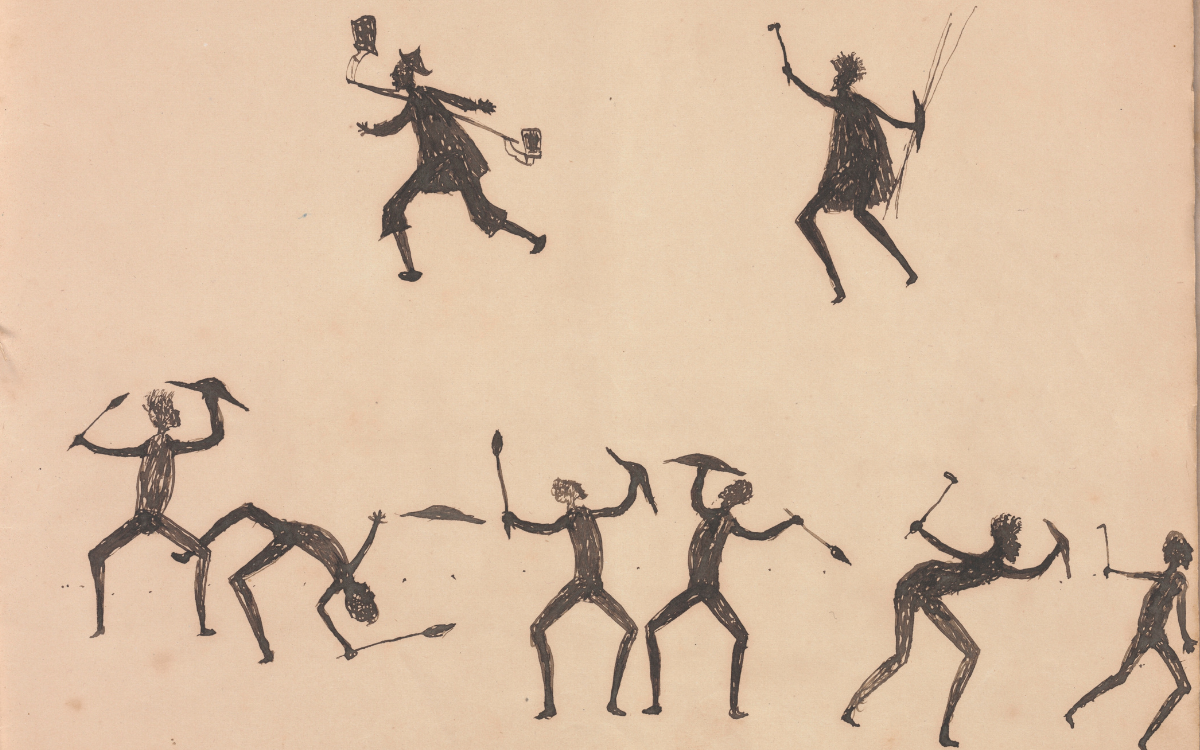 Silhouettes of men chasing and fighting each other 