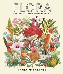 Book cover for 'Flora' featuring colourful illustrations of Australian plants and flowers on a cream-coloured background