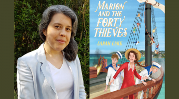 A portrait of Sarah Luke and her a book cover 'Marion and the Forty Thieves'.