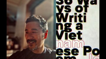On the left hand side of the image is a picture of a man in a black jumper. On the right hand side is the fron cover for the book '36 Ways of Writing a Vietnamese Poem' by Nam Le.