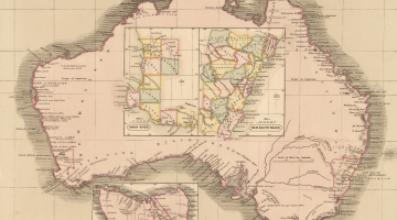 Map of Australia with detail regarding British settlements in New South Wales and bays around the coast