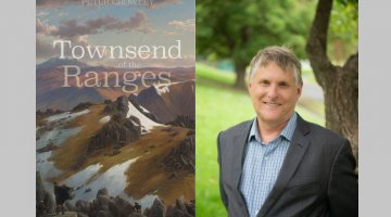 On the left hand side is an image of the front cover of the book 'Townsend of the Ranges'. on the right hand side is an image of a man standing in front of a tree, dressed in  a quit with his hand held behind his back.