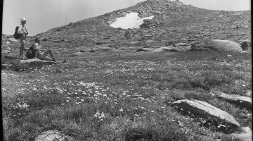 Two people at the bottom of Mount Townsend with flowers on the ground and rocs up the mountaint