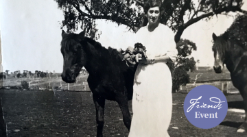 A sepia photograph of Playwright Millicent Armstrong and a horse.