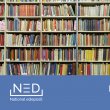 Photo of rows of shelves filled with colourful books above a blue rectangle with white text reading 'Five Years' on the right and the National edeposit (NED) logo on the right