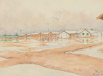 Watercolour of an internment camp with several small, one-storey buildings and lots of empty space