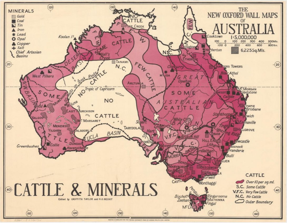 A 1920s map of Australia showing distribution of cattle and minerals