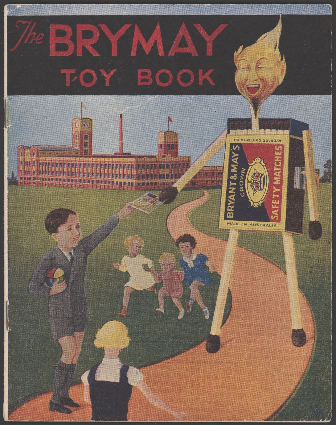 Book cover with children running along a path that leads to a large building. Also walking on the path is a living box of matches with matchstick arms and legs and a head made of fire. 