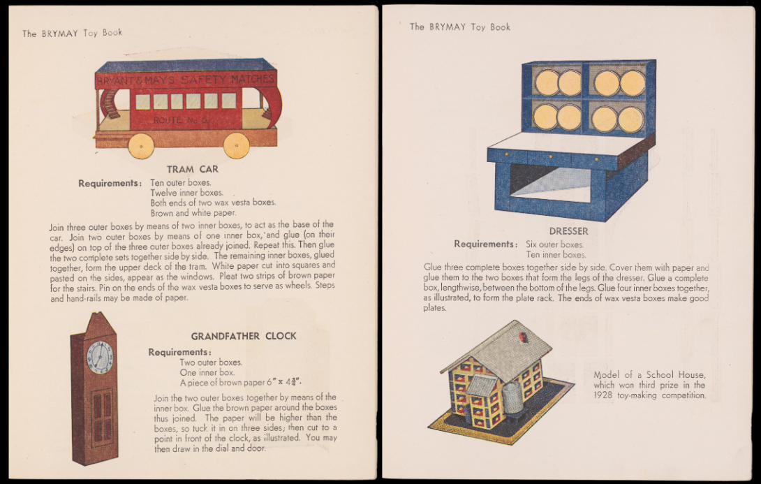 Two pages of book about building toys out of match boxes. On the left page are instructions to create a train car and grandfather clock. On the right page are instructions to create a dresser and a house
