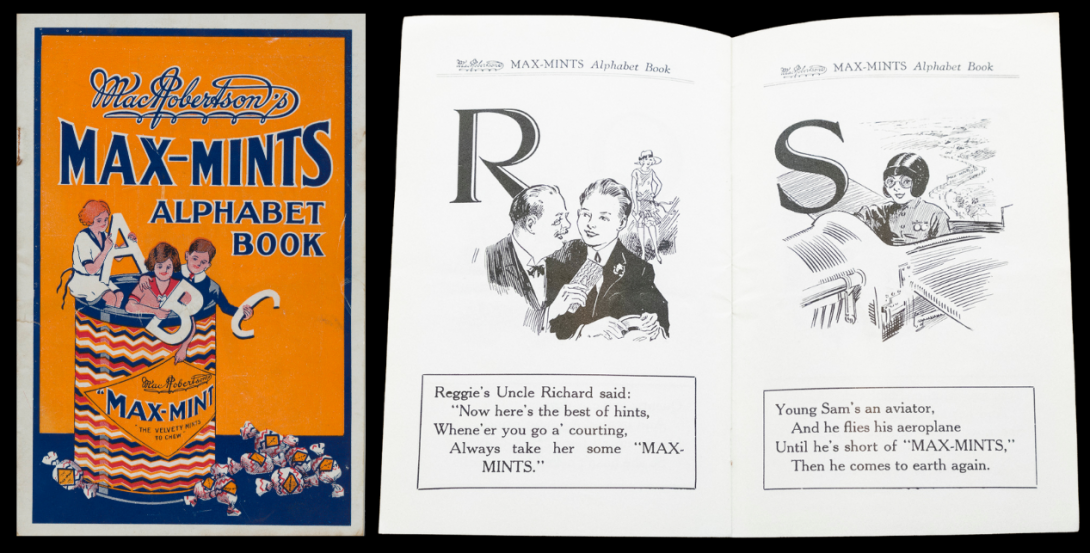 Cover and inside page spread of a short book. The cover has an orange background and has kids holding letters and standing in a tin with 'Max-mints' on it. Large text reads 'MacRobertson's Max-Mints alphabet book'. The page spread shows large letters and black and white illustrations.