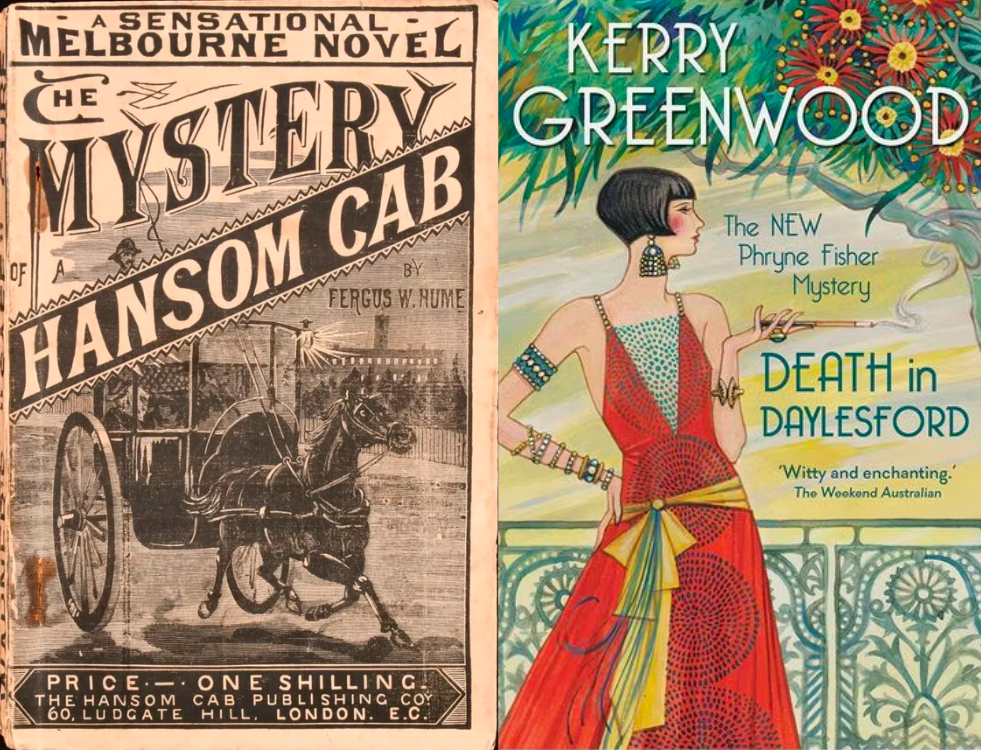 Two book covers. The first is old and worn, the stylised text reading 'The Mystery of a Hansom Cab' above an illustration of a horse-drawn cab. The second shows a woman in 20s style fashion with short black hair, with text reading 'Death in Daylesford'