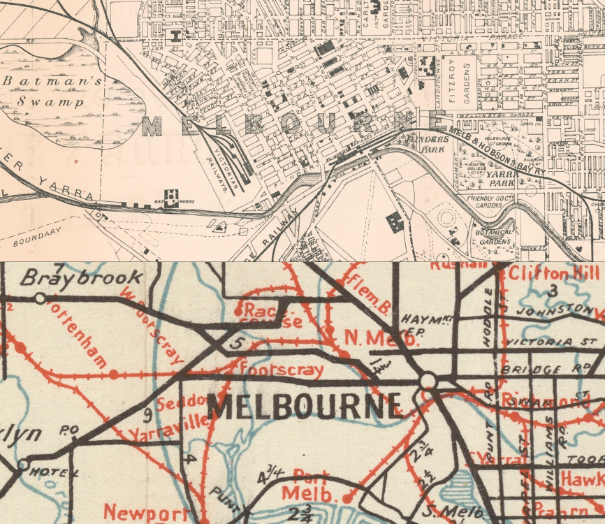 Two maps of Melbourne. The first is black and white, with detailed building locations. The second includes colour with lots of overlapping lines.