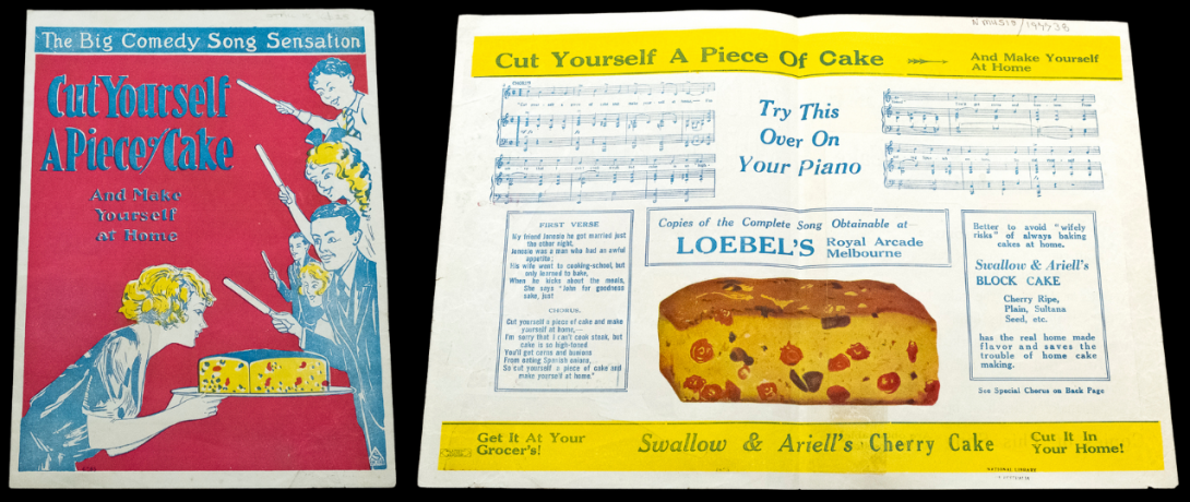 Cover and inside page spread of a sheet music booklet. The cover shows a woman holding a cake towards a man and children, with the text 'Cut yourself a piece of cake'. On the inside, music for a song and a colourful picture of a fruit cake are shown