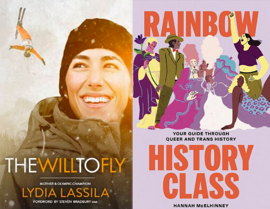 Two book covers side by side. On the right the cover has an image of a woman in a beanie and winter coat smiling and text reading 'The Will to Fly' and 'Lydia Lassila'. The cover on the right is purple, with cartoon illustrations of historical figures and orange text reading 'Rainbow History Class'