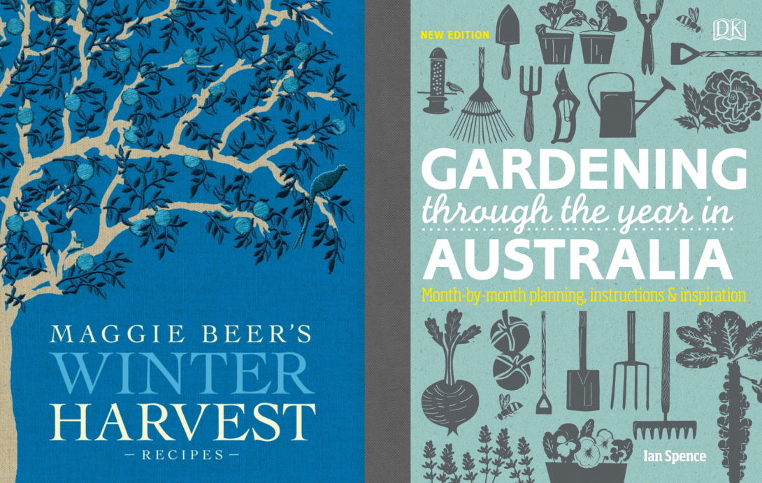 Two book covers side by side. The cover on the left has a white tree with blue leaves and fruit on a blue background and text reading 'Maggie Beer's Winter Harvest Recipes'. The right cover has a green background, grey gardening tools and vegetables and text reading 'Gardening through the year in Australia month-by-month planning, instructions and inspiration'