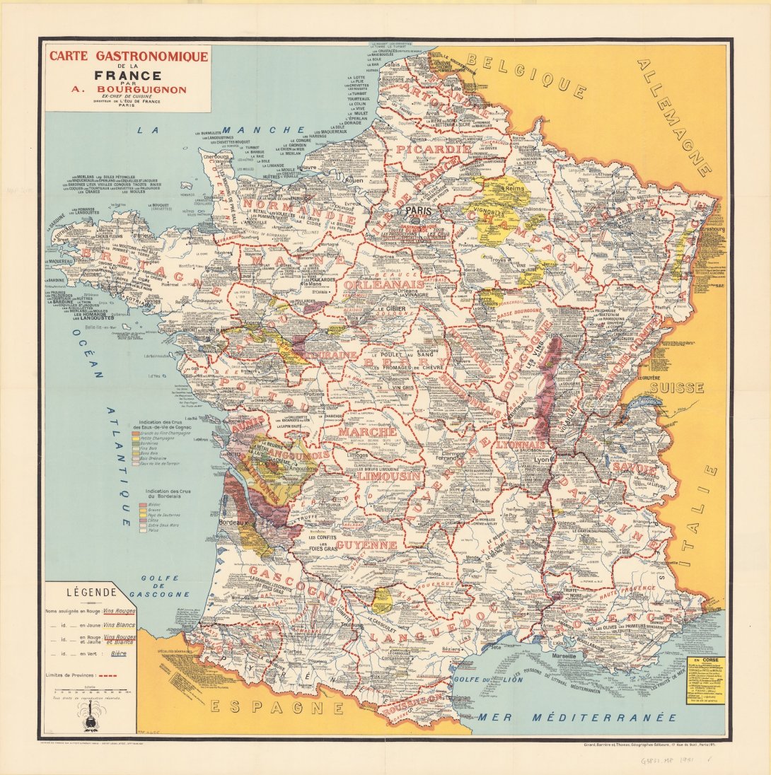 Map of France with red borders around localities, lots of text listing specialties of areas and coloured shading indicating wine production