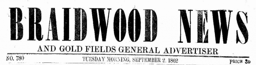 Title from front page of Braidwood News and Gold Fields General Advertiser newspaper