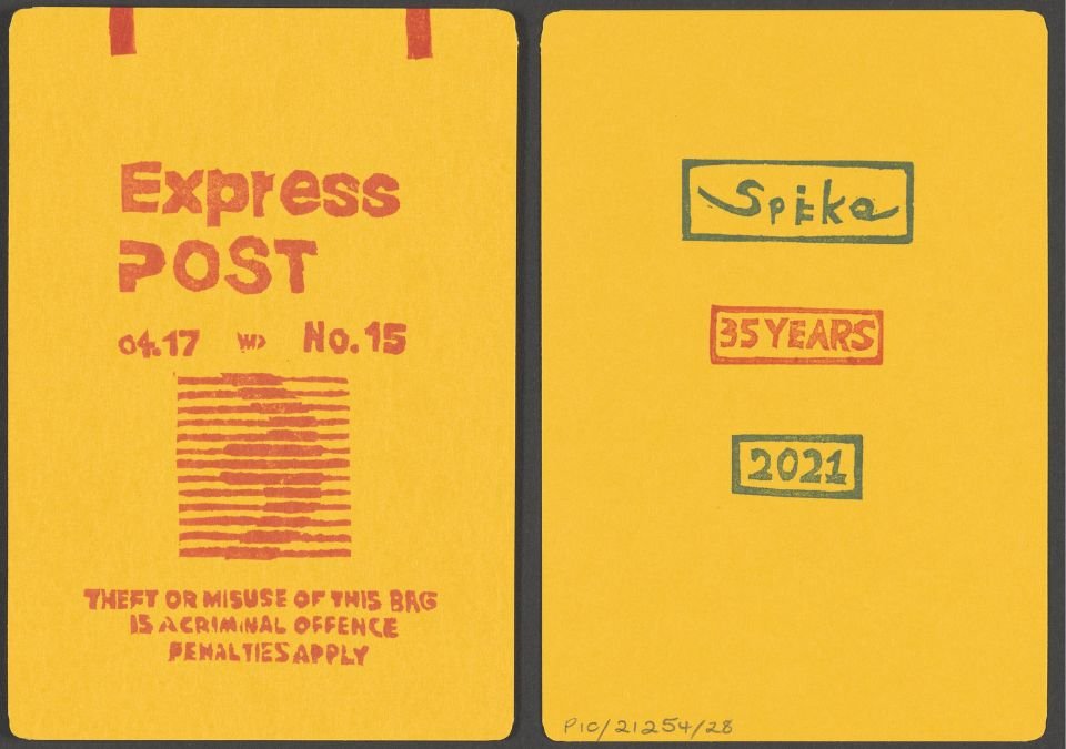 The front and back of a yellow card. The front reads Express Post 04.17 No.15 Theft or misuse of this bag is a criminal offence penalties apply'. The back reads 'Spike 35 years 2021'.