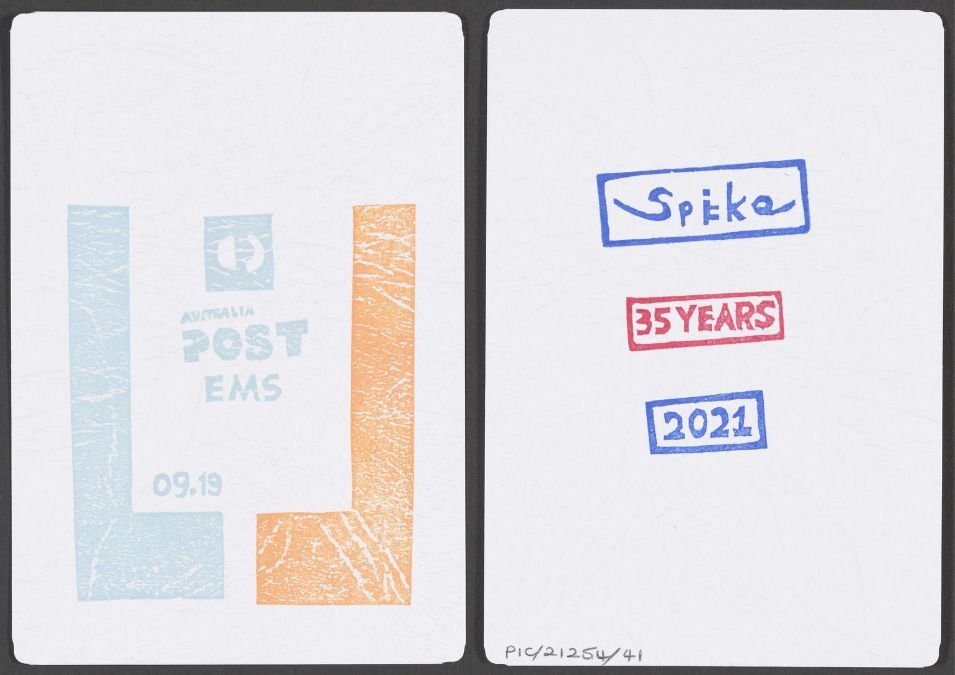 The front and back of a white card. The front reads 'Australia Post EMS 09.19'. The back reads 'Spike 35 years 2021'.