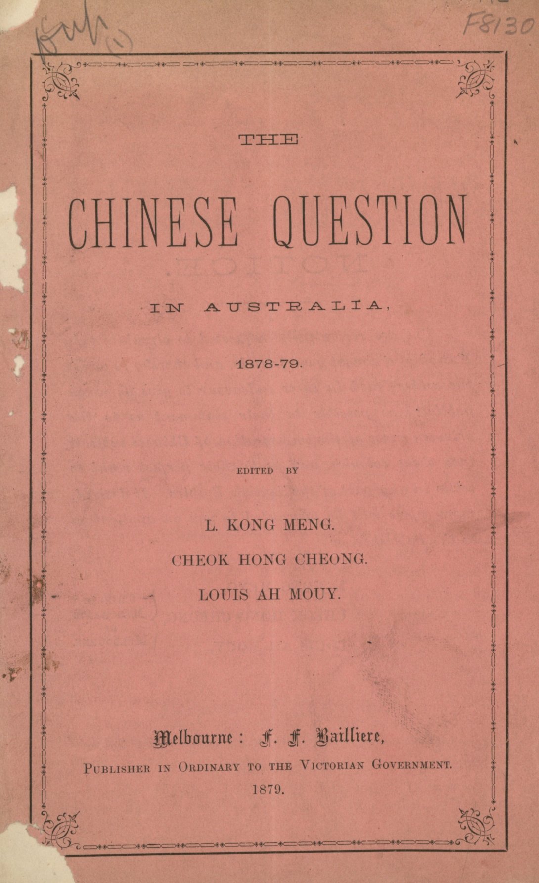 Old red book cover with text reading 'The Chinese Question in Australia' and details of the publication