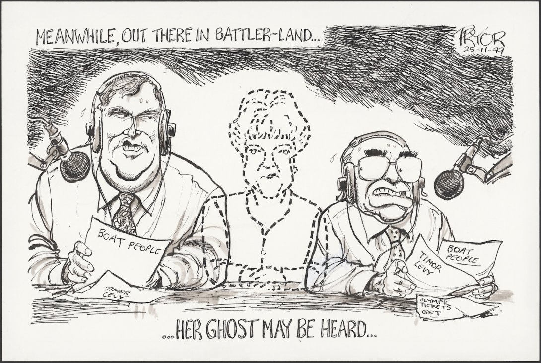 Cartoon with two men with microphones and headphones and the 'ghost' of a woman sitting between them