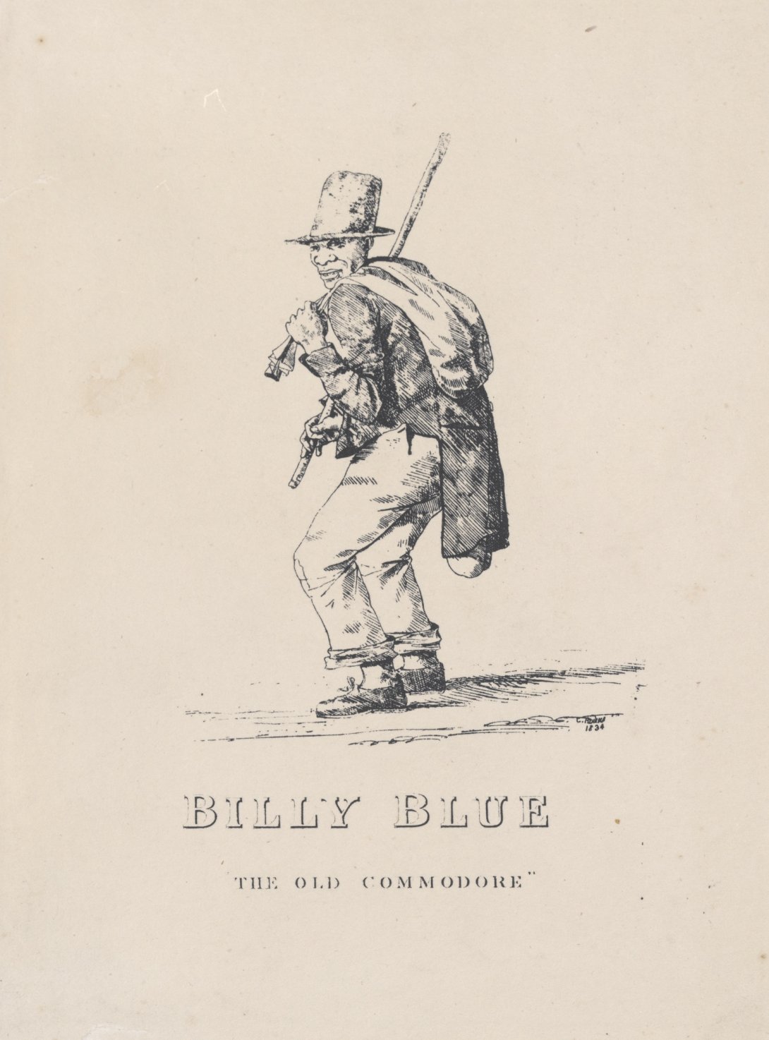 Illustration of a man in a large hat with bags slung over one shoulder looking to the side with his knees slightly bent. Below is text reading 'Billy Blue: The Old Commodore'
