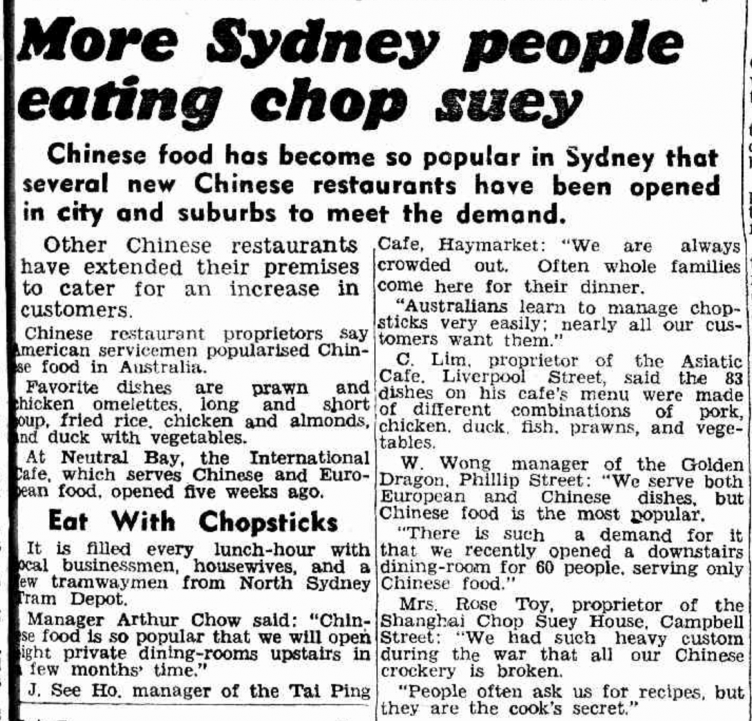 Newspaper article titled 'More Sydney people eating chop suey' discussing the rising popularity of Chinese food and cooking