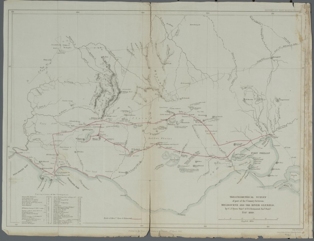 Two page map showing distance and relative locations between Melbourne and River Glenelg