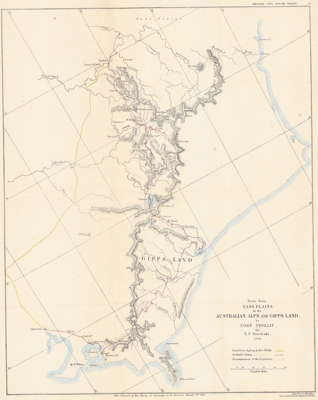 Map showing route through Australian Alps between Yass Plains and Port Phillip