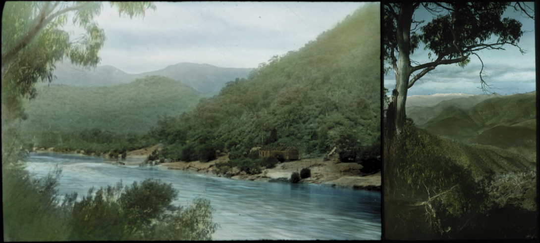 Two photos taken from different mountainous areas, one with a river the other showing a valley between peaks