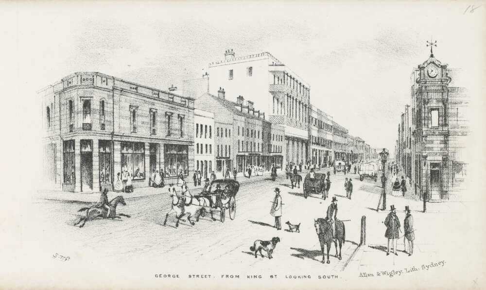 A black and white sketch of George Street from King Street in Sydney in 1856.