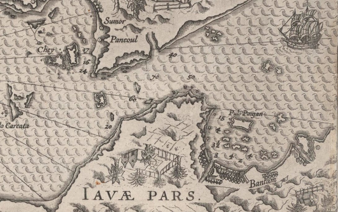 The zoomed in detail of the land elements of a black and white map of the Sunda Strait.